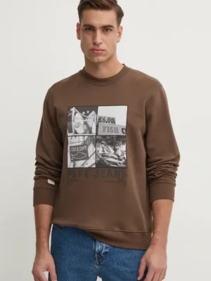 Pepe Jeans bluza bawełniana AWEST CREW męska kolor brązowy z nadrukiem PM582730