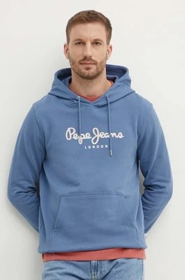 Pepe Jeans bluza bawełniana SAUL HOODIE męska kolor niebieski z kapturem z nadrukiem PM582695