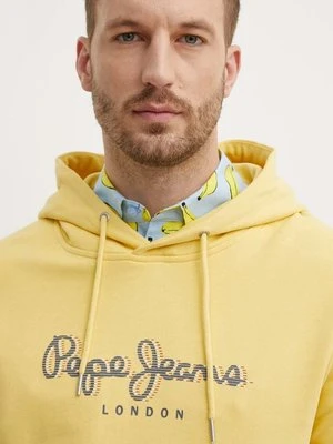 Pepe Jeans bluza bawełniana SAUL HOODIE męska kolor żółty z kapturem z nadrukiem PM582695