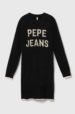 Pepe Jeans sukienka z domieszką wełny dziecięca kolor czarny mini oversize