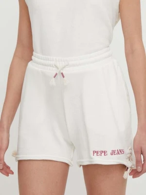 Pepe Jeans szorty bawełniane Kendall kolor beżowy z aplikacją high waist PL801126