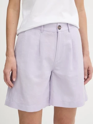 Pepe Jeans szorty lniane damskie kolor fioletowy gładkie high waist PL801198