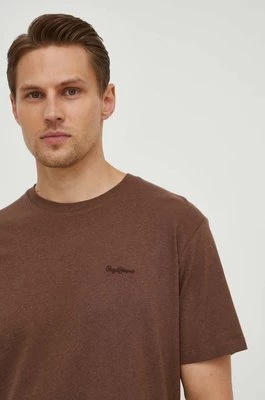 Pepe Jeans t-shirt z domieszką lnu kolor brązowy gładki