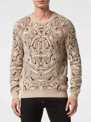 Philipp Plein Beżowy sweter z kaszmiru Paisley Bandana