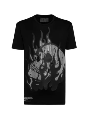Philipp Plein, Czarna koszulka z płonącym czaszką i ozdobnymi kryształkami Black, male,