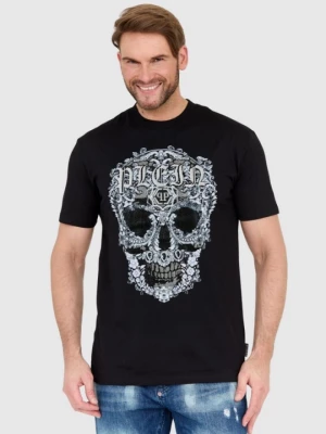 PHILIPP PLEIN Czarny męski t-shirt z czaszką zdobioną dżetami