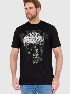 PHILIPP PLEIN Czarny t-shirt zdobiony dżetami z czaszką i logo