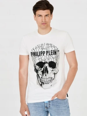 PHILIPP PLEIN Męski t-shirt biały z popękaną czaszką, Rozmiar XXL