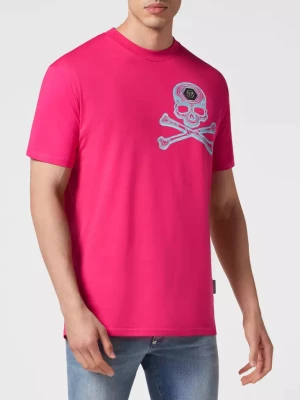 Philipp Plein Neonowy różowy t-shirt z grafiką Skull&Bones