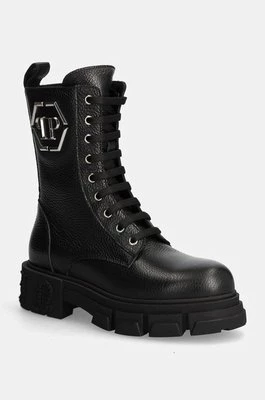 Philipp Plein workery skórzane Embossed Army Boot damskie kolor czarny na platformie WSE0811 PLE010N 02