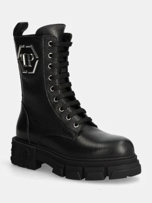 Philipp Plein workery skórzane Embossed Army Boot damskie kolor czarny na platformie WSE0811 PLE010N 02