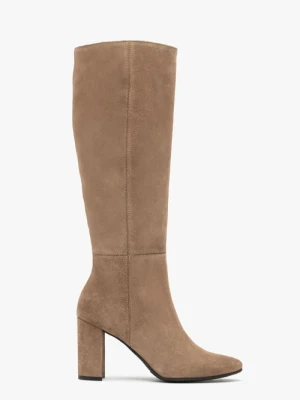 Piaskowe kozaki damskie na słupkowym obcasie Ryłko