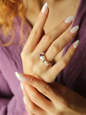 Pierres delicates Pozłacany pierścionek z perłą i kamieniami szlachetnymi rozmiar: onesize