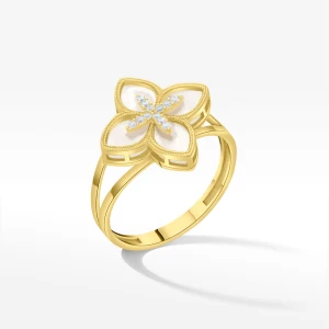 Pierścionek ze złota z masą perłową i białymi cyrkoniami Filipowicz