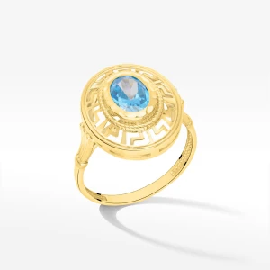 Pierścionek ze złota z niebieską cyrkonią i wzorem greckim Filipowicz
