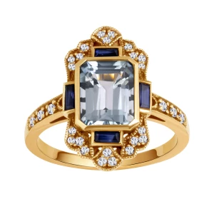 Pierścionek złoty z topazem, szafirami i diamentami - Kolekcja Wiktoriańska Wiktoriańska - Biżuteria YES