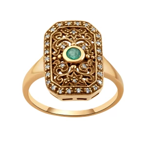Pierścionek złoty ze szmaragdem i diamentami - Kolekcja Wiktoriańska Wiktoriańska - Biżuteria YES