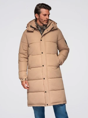 Pikowana długa kurtka męska z odpinanym kapturem – beżowa V2 - Rozmiar: L Ombre Clothing