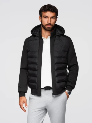 Pikowana kurtka bomberka z kapturem i dzianinowymi rękawami – czarna V1 - Rozmiar: L Ombre Clothing
