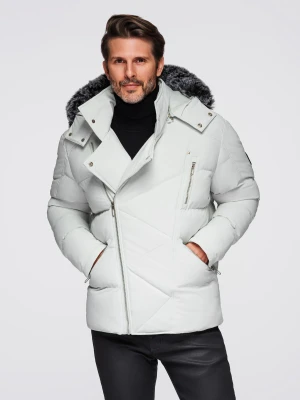 Pikowana kurtka męska o kroju ramoneski z kapturem - jasnoszara V4 - Rozmiar: M Ombre Clothing