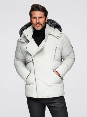 Pikowana kurtka męska o kroju ramoneski z kapturem - jasnoszara V4 - Rozmiar: XXL Ombre Clothing