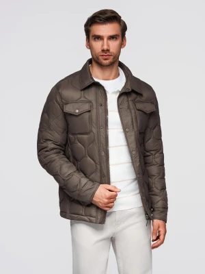 Pikowana kurtka męska w koszulowym fasonie – khaki V3 - Rozmiar: M Ombre Clothing
