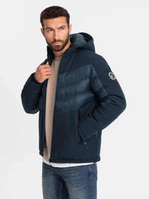 Pikowana kurtka męska z łączonych materiałów z wysokim kołnierzem – granatowa V2 - Rozmiar: L Ombre Clothing
