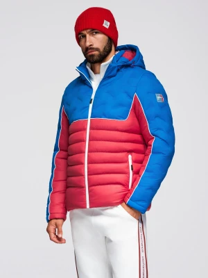 Pikowana kurtka męska z odpinanym kapturem – niebiesko-czerwona V1 Ombre Clothing