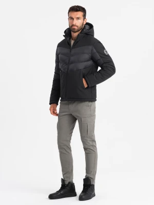 Pikowana męska kurtka z łączonych materiałów z wysokim kołnierzem – czarna V1 Ombre Clothing