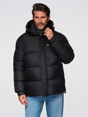 Pikowana męska kurtka z wysoko zapinanym kapturem – czarna V1 - Rozmiar: XL Ombre Clothing