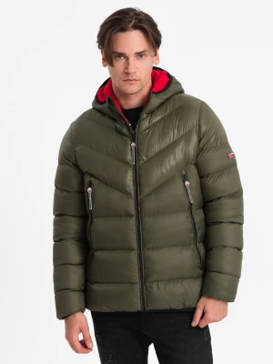 Pikowana nowoczesna kurtka męska z łączonych materiałów – ciemnooliwkowa V3 - Rozmiar: S Ombre Clothing