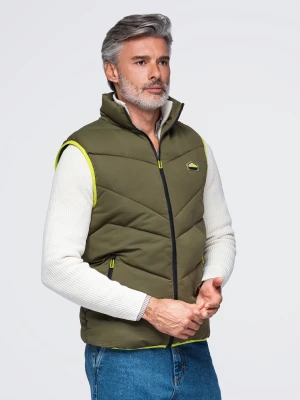 Pikowany bezrękawnik męski z neonowymi akcentami – oliwkowy V5 - Rozmiar: L / XL Ombre Clothing
