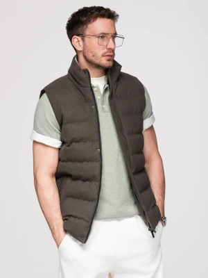 Pikowany męski bezrękawnik z wełną – oliwkowy melanż V4 - Rozmiar: L/XL Ombre Clothing