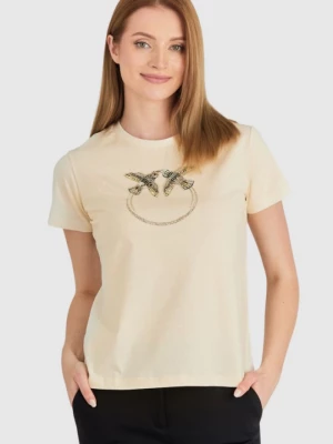 PINKO Beżowy t-shirt damski z logo z cekinów