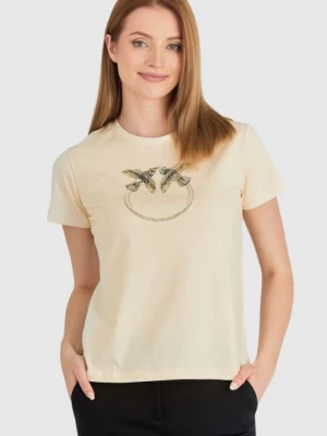 PINKO Beżowy t-shirt damski z logo z cekinów, Rozmiar L