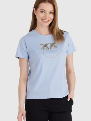 PINKO Błękitny t-shirt damski z logo z cekinów