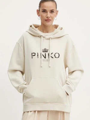 Pinko bluza bawełniana damska kolor beżowy z kapturem z nadrukiem 104388 A27V