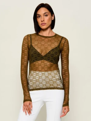 Pinko Koronkowa Bluzka Rover | Slim Fit oliwkowy