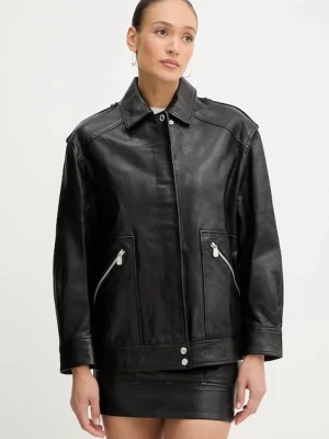 Pinko kurtka skórzana kolor czarny przejściowa oversize 105012 A2I1