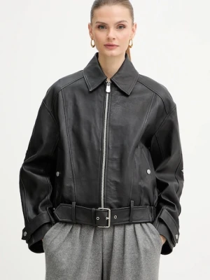 Pinko kurtka skórzana kolor czarny przejściowa oversize 105793 A2U7