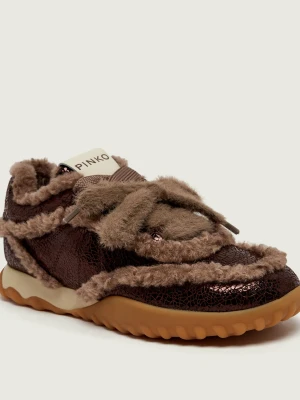 Pinko Ocieplane skórzane sneakersy Gea 02 | shearling brązowy