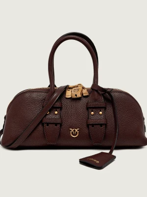 Pinko Skórzany kuferek Bowling Bag Horizontal brązowy