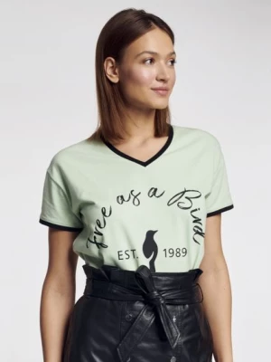 Pistacjowy T-shirt z dekoltem V damski OCHNIK