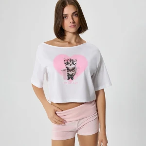 Piżama z nadrukiem kotka i welurowymi spodenkami House