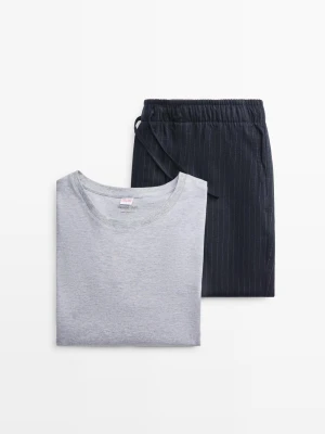 Piżama Ze 100% Bawełny W Paski Z Koszulką Z Długim Rękawem - Niebieski - - Massimo Dutti - Mężczyzna