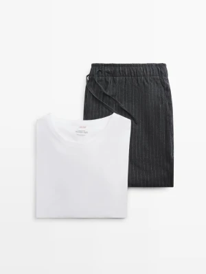 Piżama Ze 100% Bawełny W Paski Z Koszulką Z Długim Rękawem - Szary - - Massimo Dutti - Mężczyzna