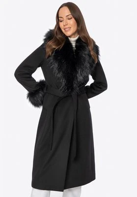 Płaszcz damski z wełną i futrzanymi elementami czarny Wittchen