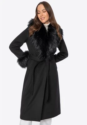 Płaszcz damski z wełną i futrzanymi elementami czarny Wittchen