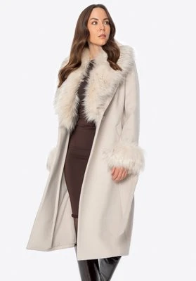 Płaszcz damski z wełną i futrzanymi elementami kremowy Wittchen