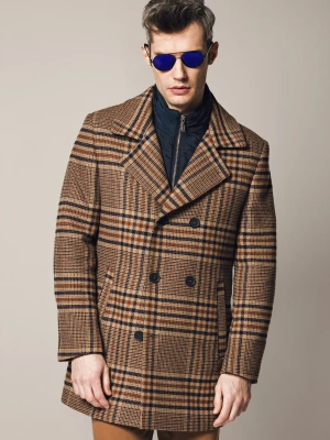 Płaszcz Dwurzędowy Brązowo-Beżowy w Kratę z Wełną Dortmund Lancerto